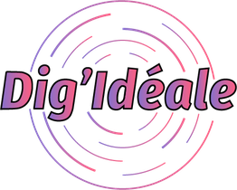Texte "Dig'Idéale" avec dégradé rose-violet, entouré de cercles concentriques colorés.