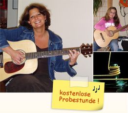 Gitarrenunterricht mit lächelnder Frau und Kind, „kostenlose Probestunde“ steht auf gelbem Zettel.