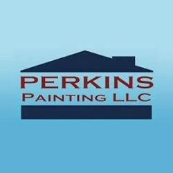 Logo with silhouette of house roof and text: "Perkins Painting LLC" on blue background.
