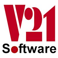 Rotes V21-Logo mit schwarzem Text "Software" darunter.