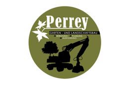 Logo von "Perrey Garten- und Landschaftsbau" mit Bagger und Baum-Silhouette auf grünem Hintergrund.