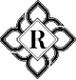 An ornate letter "R" in a diamond, surrounded by a floral pattern design.