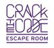 "Purple 'Crack the Code Escape Room' logo with geometric text design."