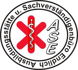 Logo der ASE mit rotem Äskulapstab und Schriftzug: "Ausbildungsstätte u. Sachverständigenbüro".