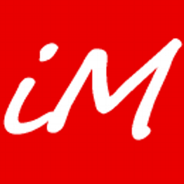Rode achtergrond met witte, handgeschreven letters "iM".