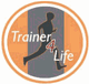 Logo mit laufender Silhouette und Schriftzug "Trainer 4 Life" auf orange-grauem Hintergrund.