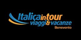 Logo Italica in Tour viaggi & vacanze, Benevento, con curve blu e arancioni su sfondo nero.