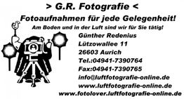 G.R. Fotografie Visitenkarte mit Kontaktdetails und Angeboten für Boden- und Luftaufnahmen.