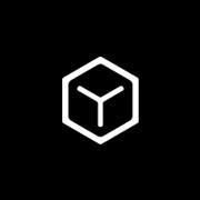 Logotipo em branco com formato hexagonal, estilo futurista, fundo preto.