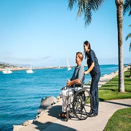 Person in wheelchair by a waterfront, assisted by a caregiver, with boats and palm trees nearby.