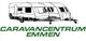 Twee caravans naast elkaar met de tekst "Caravancentrum Emmen" eronder in groene letters.