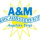 Logo mit blauem Text: "A&M Urlaubsservice Angelika Voigt" vor gelber Sonne.