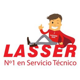 Ilustración de un personaje con capa roja, guiñando un ojo, sobre el texto "Lasser Servicio Técnico".