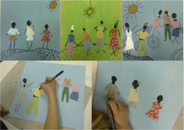 Collage von Kinderzeichnungen mit bunten Figuren auf blauem und grünem Hintergrund, Hand malt.