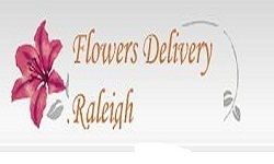 Text "Flowers Delivery Raleigh" with a pink lily and gray leaves.