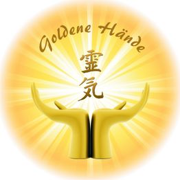 "Goldene Hände und japanisches Schriftzeichen vor strahlendem gelbem Hintergrund."