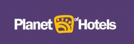 Das Logo von Planet of Hotels auf lila Hintergrund mit gelbem Symbol in der Mitte.