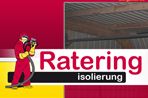 Logo von Ratering Isolierung: Zeichnung eines Arbeiters mit Schlauch und Dachansicht.