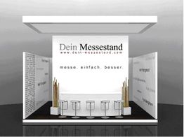Moderner Messe-Stand mit weißen Wänden, vier Hockern und Dekorationen. Text: "messe. einfach. besser."