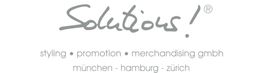 Logo von Solutions! GmbH mit Städtenamen: München, Hamburg, Zürich. Dienstleistungen: Styling, Promotion.