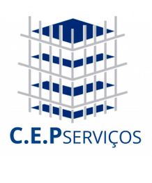 Logo da C.E.P Serviços com desenho estilizado de edifício em azul e cinza.