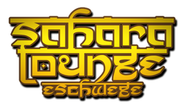 Goldene Schrift "sahara lounge eschwege" auf schwarzem Hintergrund.