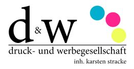 Logo der d&w druck- und werbegesellschaft mit drei bunten Kreisen.