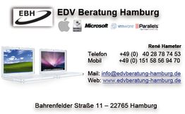 EDV Beratung Hamburg Kontaktinformation und Logo, inklusive Adresse und Kontaktdaten.