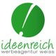 Grünes Logo mit Text: "ideenreich, werbeagentur weiss".