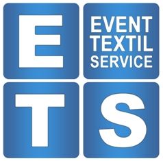 Das Bild zeigt das ETS-Logo mit blauem Hintergrund und weißen Buchstaben: E, T, S, und "Event Textil Service".