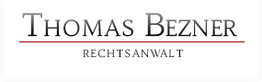 Text: "Thomas Bezner, Rechtsanwalt" mit roter Linie darunter auf weißem Hintergrund.