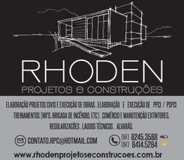 Brochura da Rhoden Projetos e Construções com informações de contato e serviços oferecidos.