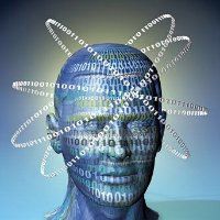 Testa blu digitale con numeri binari intorno, rappresentazione di intelligenza artificiale.