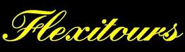 Gelber Schriftzug "Flexitours" auf schwarzem Hintergrund in geschwungener Schrift.