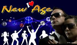 Menschensilhouetten tanzen vor "New Age"-Schriftzug; modernes, futuristisches Design.