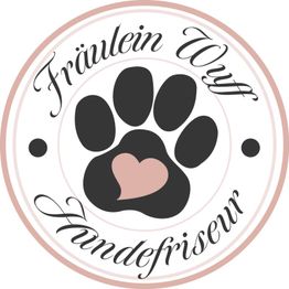 Logo von "Fräulein Wuff Hundefriseur" mit Pfotenabdruck und Herz in der Mitte.
