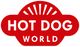 Rotes Logo mit weißem Text "HOT DOG WORLD" und stilisierten Sonnenstrahlen oben.