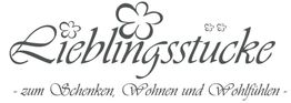 Der Schriftzug "Lieblingsstücke" mit Blumenmotiven, darunter: "zum Schenken, Wohnen und Wohlfühlen".