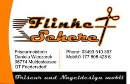 Visitenkarte von "Flinke Schere", Friseur- und Nageldesign, mit Kontaktdaten und Logo.