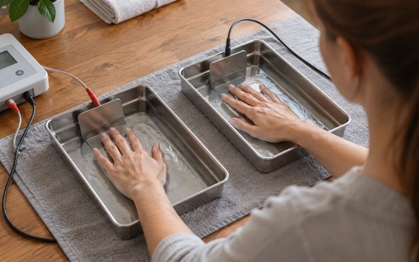 Hände einer Person in zwei mit Wasser gefüllten Metallwannen während einer Iontophorese-Behandlung mit angeschlossenem Stromgerät.