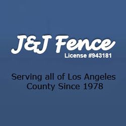 J&J Fence logo with license number, serving Los Angeles County since 1978.