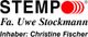 Logo der Firma STEMPO mit Inhaber Christine Fischer, rote Ringe rechts vom Text.