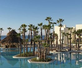 Piscina con palmeras, cabaña de techo de paja y edificio moderno junto al mar.