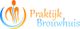 Logo van Praktijk Brouwhuis met gestileerde ruggengraat in blauw en oranje figuur.
