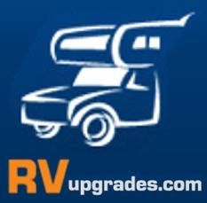Stylized RV illustration with "RVupgrades.com" text on a blue background.