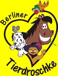 Tierkarikaturen im Herz mit "Berliner Tierdroschke"-Text auf gelbem Hintergrund.