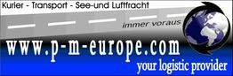 Banner einer Logistikfirma: Kurier, Transport, See- und Luftfracht, Logo mit Weltkugel und Slogan.