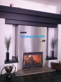 Moderner Kamin mit Holzfeuer, umgeben von Pflanzen und Dekorationen.