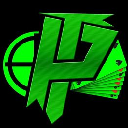 Grønt grafisk logo med kort og et sigtekorn på sort baggrund.