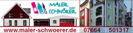 Hausillustration, Malerpinsel und buntes Gebäude mit Schriftzug „Maler Schwörer GmbH“.